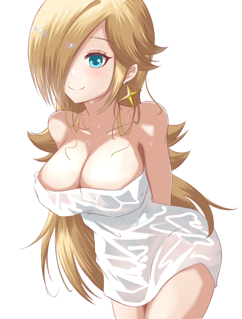 1chica seductora_pechos_grandes cabello_rubio cabello_azul solo_mujer mario_(serie) nintendo princess_rosalina rosalina super_mario_bros. toalla_alrededor_de_pechos mojado yassrosalina