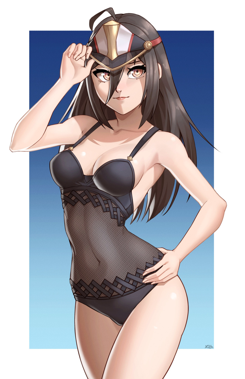 1 chica seductor piernas_desnudas bikini ojos_marrones cabello_marrón escote pechos_medio morag_ladair nintendo bikini_de_una sola pieza x_xith_x xenoblade_(serie) xenoblade_chronicles_2