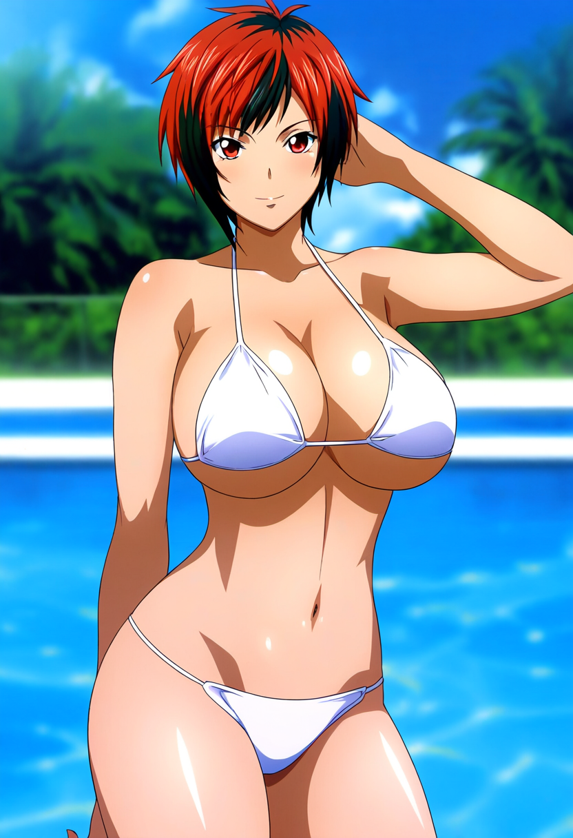 1girl estilo_artístico preciso seductor piernas_desnudas pechos_grandes bikini cabello_rojo_y_negro escote dead_or_alive dead_or_alive_6 dead_or_alive_xtreme dead_or_alive_xtreme_2 dead_or_alive_xtreme_3 dead_or_alive_xtreme_3_fortune dead_or_alive_xtreme_beach_volleyball dead_or_alive_xtreme_venus_vacation doa suki ojos_rojos pelo_corto piscina_de_natación tecmo debajo de las tetas