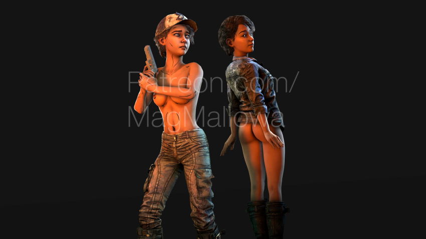 1niña 3d modelo_3d artista_marca de agua culo pechos sin fondo casual clementine_(the_walking_dead) ropa piel oscura arma de fuego pistola sombrero humano piel_clara magmallow modelo_hoja pelo_corto fuente_cineasta the_walking_dead the_walking_dead:_the_final_season the_walking_dead_game topless arma