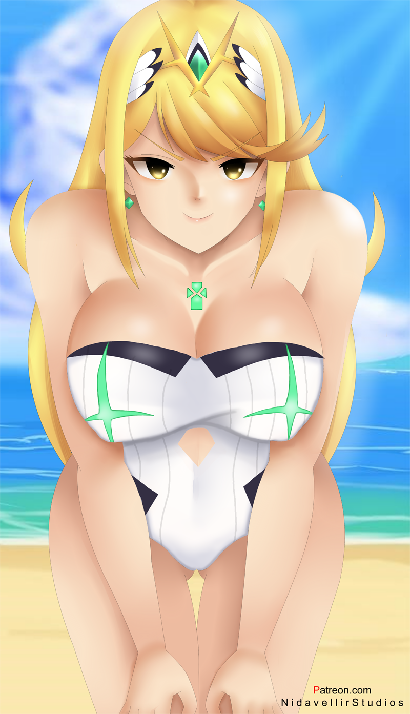 1 chica seductor piernas desnudas playa pechos grandes bikini cabello_rubio cielo_azul escote mytra nidavellirstudios nintendo océano bikini de una sola pieza mujer_seductora xenoblade_(serie) xenoblade_chronicles_2 ojos_amarillos