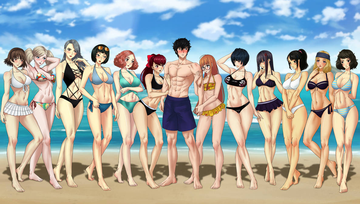 12girls 1boy abdominales seductor amenoosa ann_takamaki brazos_alrededor_compañero atlético_femenino atlus_masculino fondo de playa pechos grandes bikini rubor chihaya_mifune abdominales femeninos fit_female fit_male harem haru_okumura hifumi_togo ichiko_ohya joker_(persona) kasumi_yoshizawa makoto_niijima persona sadayo_kawakami sae_niijima sakura_futaba shiho_suzui tae_takemi