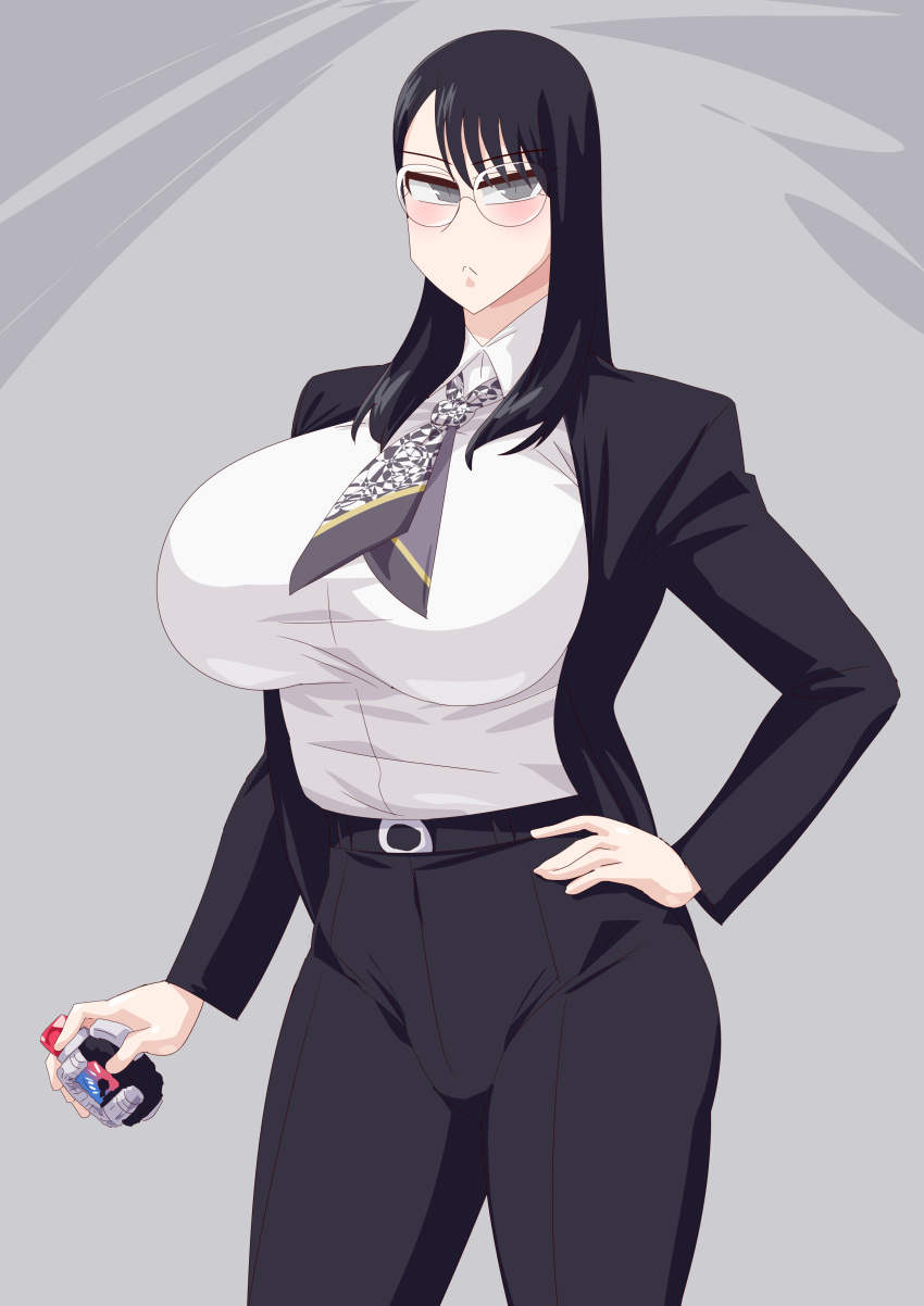 1girl 1girl absurd_res seductor bakuage_sentai_boonboomger pechos grandes pelo negro blusa gafas ojos grises corbata_alta_resolución pantalones saibu_shirabe camisa super_sentai