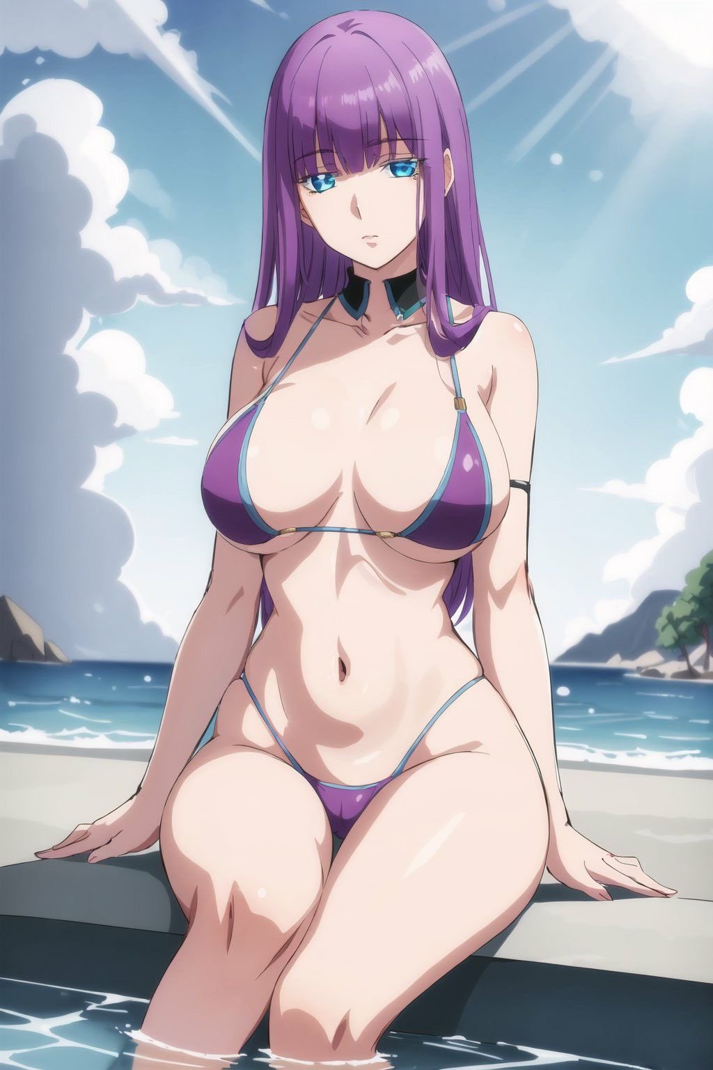 1girl ai_generated aqua_eyes playa big_breasts bikini pechos alta_res ombligo purple_bikini purple_hair shuumatsu_no_harem sentado estomago sol suou_mira traje de baño