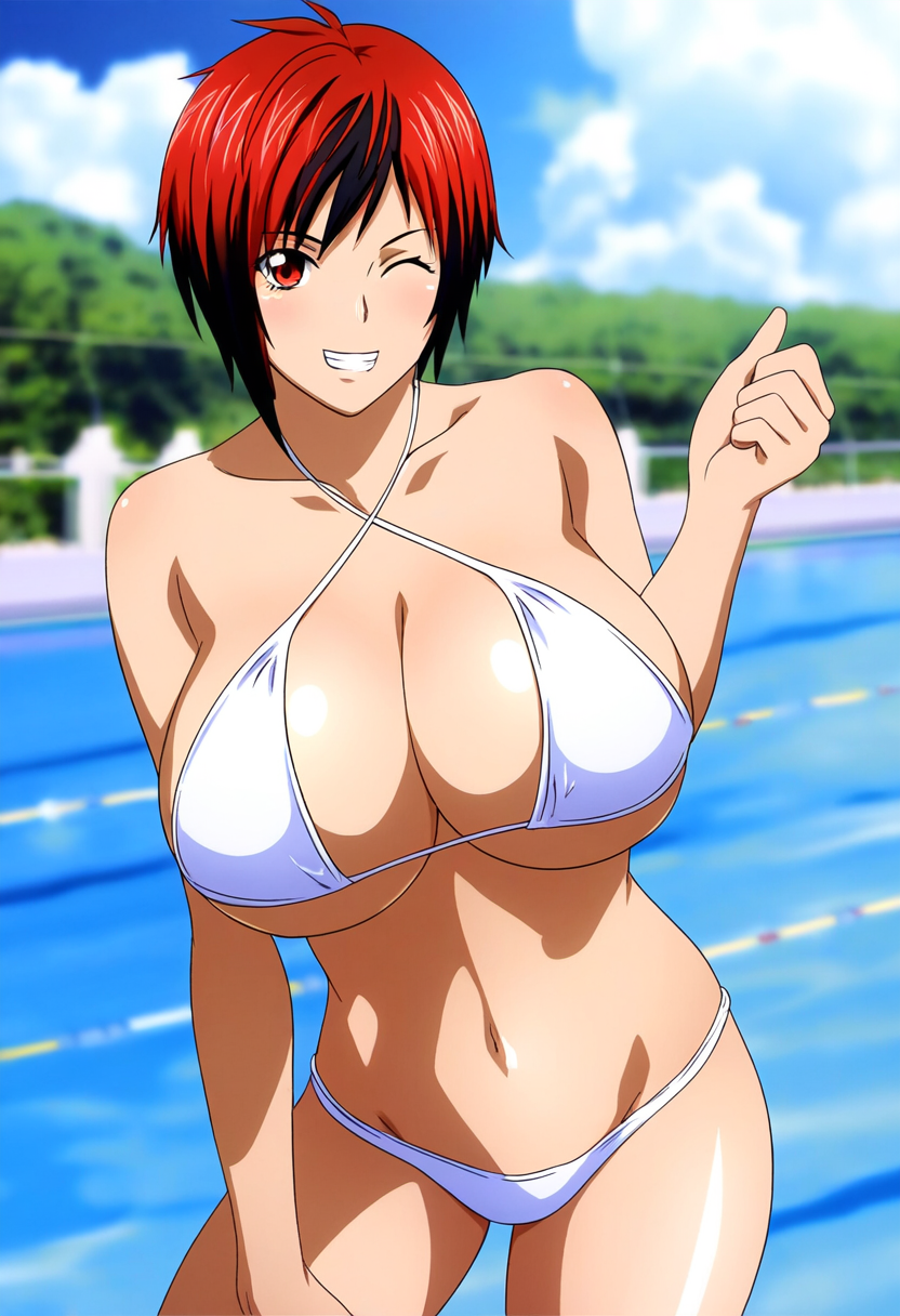 1girl estilo_arte_preciso seductor piernas_desnudas pechos_grandes bikini cabello_rojo_y_negro escote dead_or_alive dead_or_alive_6 dead_or_alive_xtreme dead_or_alive_xtreme_2 dead_or_alive_xtreme_3 dead_or_alive_xtreme_3_fortune dead_or_alive_xtreme_beach_volleyball dead_or_alive_xtreme_venus_vacation doa suki ojos rojos pelo corto piscina tecmo debajo de las tetas guiñando un ojo