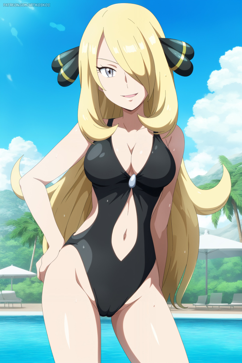 1 chica seductor piernas_desnudas pechos_grandes cabello_rubio escote cynthia cynthia_(pokemon) koikoi_(artista) pelo_largo nintendo bikini_de_una pieza pokemon pokemon_(anime) pokemon_dppt ojos_plateados piscina