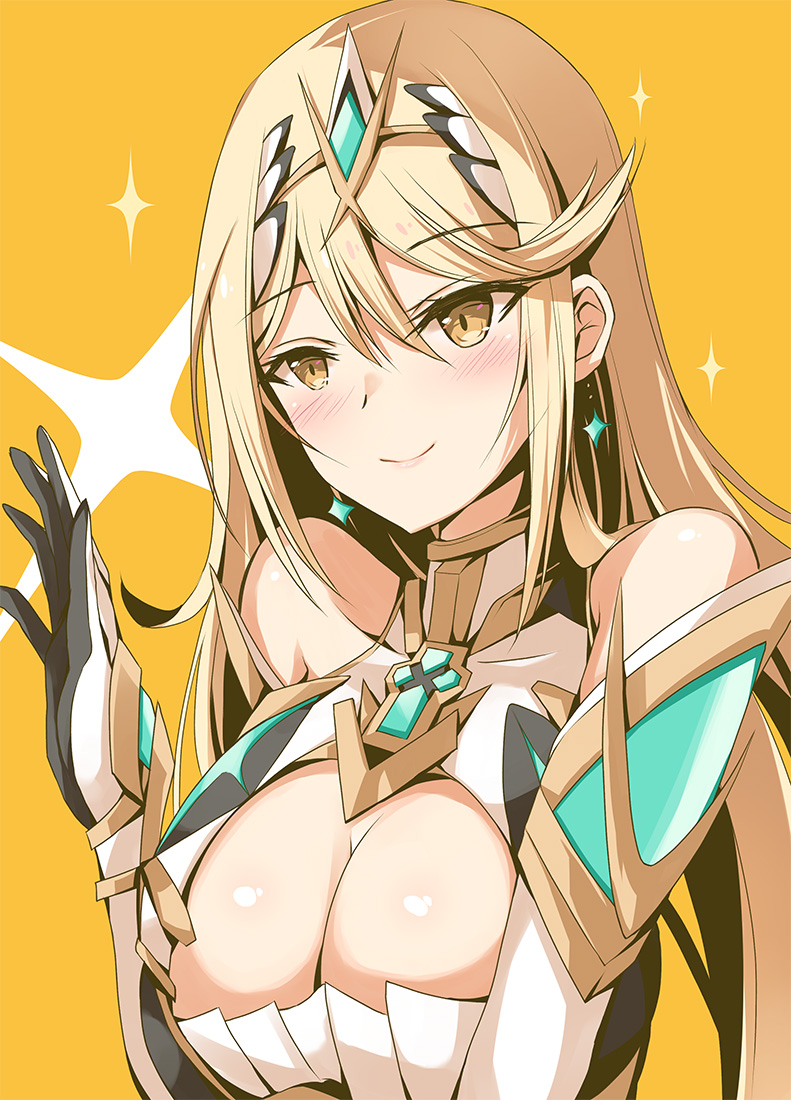 1chica seductora pechos grandes cabello_rubio escote aretes inoue_takuya inoue_takuya_(pixiv_99697) inoue_takuya_(tactactak) joyas mythra nintendo tactactak xenoblade_(serie) xenoblade_chronicles_2 ojos_amarillos