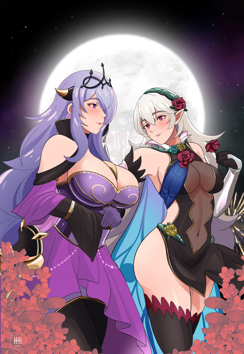 2_girls absurd_res big_breasts rubor camilla_(alluring_darkness)_(fire_emblem) camilla_(fire_emlem) escote corrin_(fire_emlem) corrin_(fire_emlem)_(femenino) corrin_(resplendent)_(fire_emblem)_(femenino) vestido de ombligo cubierto fire_emblem fire_emblem_fates fire_emblem_heroes flor cabello_gris cabello_flor cabello_ ornamento diadema alta_resolución ihsnet pelo_largo mirando_otra luna varias_chicas disfraz_alternativo_oficial de nintendo orejas_puntiagudas faja de pelo_morado transparente escote_transparente medias tiara pelo_muy_largo yuri