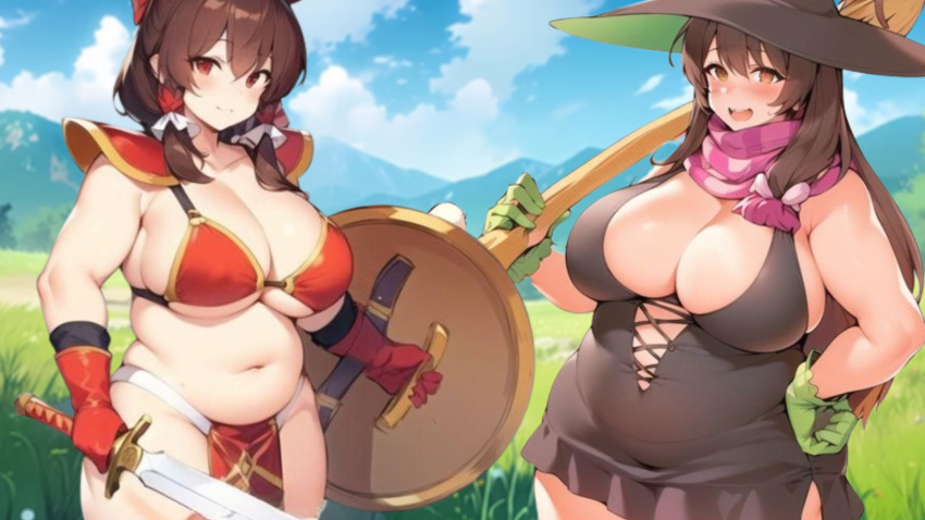 2_girls armadura big_breasts bikini_armor pechos brown_eyes brown_hair galleta_(touhou) hakurei_reimu sombrero kanna_(cookie) pelo_largo multiple_girls nude_tabard nucky☆ regordete ojos_rojos reimu_hakurei reu_(cookie) bufanda escudo espada tabardo touhou arma mago_sombrero