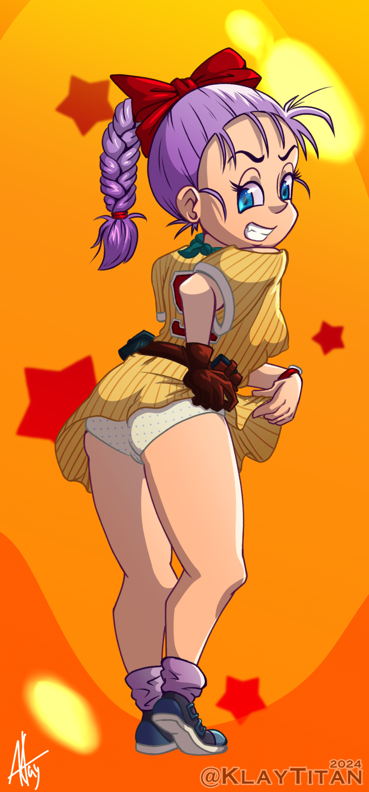 1girl 1girl 1girl culo ojos_azules trenza bulma_brief dragon_ball dragon_ball_(clásico) dragon_ball_(serie) dragon_ball_z intermitente alta_resolución klaytitan cara_traviesa bragas pantyshot pantyshot_(de pie) pelo_morado cinta de pie ropa interior mujer_joven