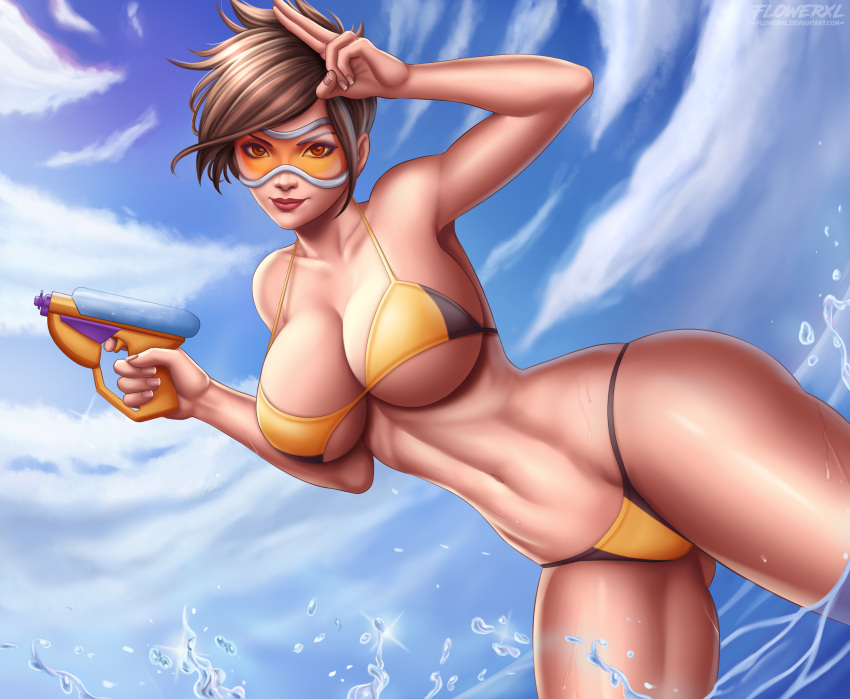 1mujer 1niña pechos grandes bikini blizzard_entertainment pechos ojos_marrones cabello_marrón escote día gafas pies solo mujer fitness florxl mujer de piel clara piel_clara mirando_al_espectador océano overwatch sonrisa medias tracer_(overwatch) personaje_de_video_juego voluptuoso mujer_voluptosa bikini_amarillo