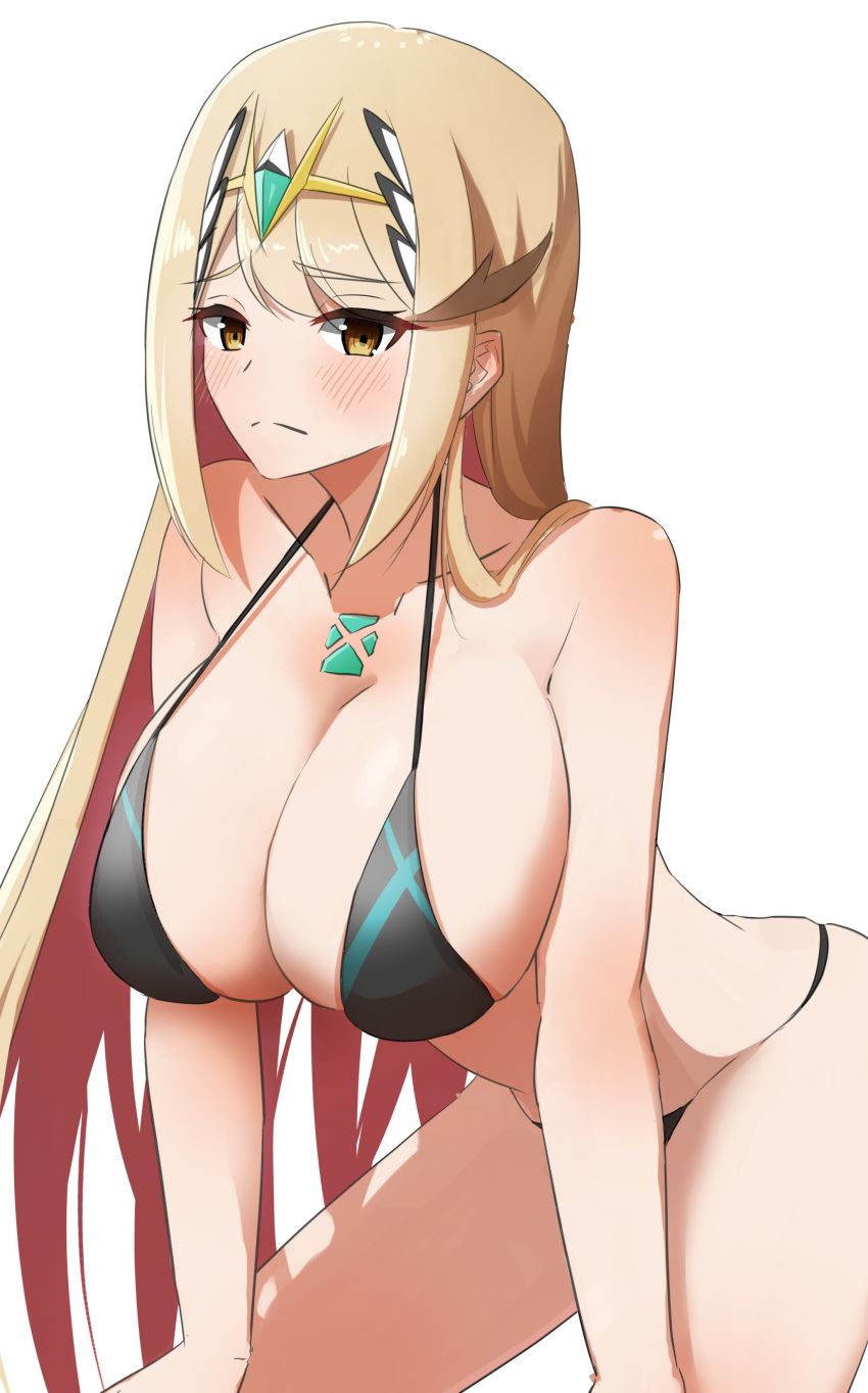 1girl absurd_res seductor big_breasts bikini black_bikini pelo_rubio rubor pechos pecho_joya solicitud_comentario core_crystal_(xenoblade) gema avergonzada manos_en_las_rodillas tocado alta_resolución kanuici336 inclinado_hacia adelante ceño_claro pelo largo mirando_al_visor mytra nintendo cerraduras laterales barrido_flequillo traje de baño tiara fondo_blanco xenoblade_(serie) xenoblade _crónicas_2 ojos_amarillos