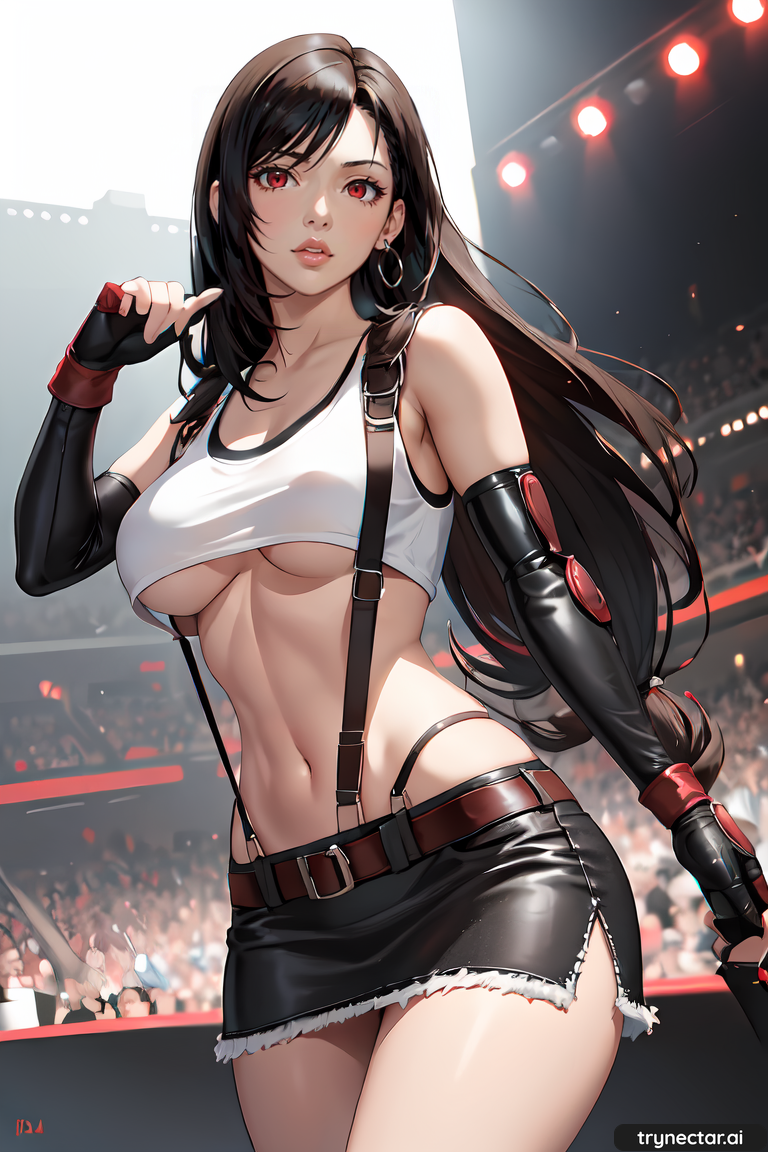 1 chica ai_pechos generados crop_top solo mujer final_fantasy final_fantasy_vii guantes pelo_largo tifa_lockhart trynectar.ai under_boob