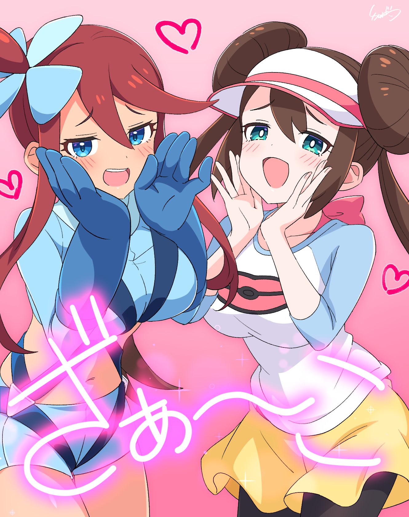 2_girls :d aqua_eyes pechos grandes ojos_azules guantes_azules rubor pechos cabello_marrón solicitud_de_comentario criaturas_(compañía) doble_bun game_freak guantes fondo_degradado moño_de_peinado corazón alta_resolución kamuraaa_615 pelo_largo múltiples_chicas ombligo nintendo boca_abierta fondo_rosa pokemon pokemon_bw pokemon_bw2 pelo_rojo rosa_(pokemon) pantalones cortos kemon) sonrisa dientes twin_tails superior_teeth_only visor_cap pantalones_cortos_amarillos