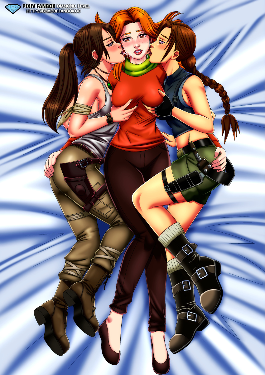 2024 3_girls bbmbbf sonrojo breast_grab pechos brown_hair comisión Commissioner_upload emily_(overwatch) harem lara_croft lara_croft_(classic) lara_croft_(survivor) multiple_girls overwatch palcomix tomb_raider tomb_raider_(survivor) tomb_raider_classic yuri yuri_harem