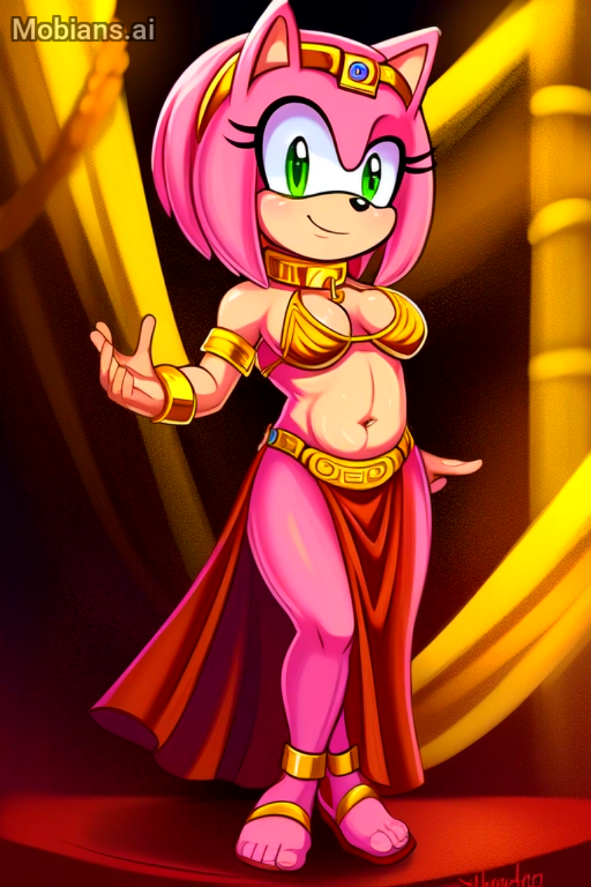 ai_generated amy_rose anthro vientre_dancer vientre_dancer_outfit senos hembra_enfoque peludo peludo_mujer ojos_verdes ombligo piel_rosa sega esclava_leia_(cosplay) sonic_the_hedgehog_(serie)