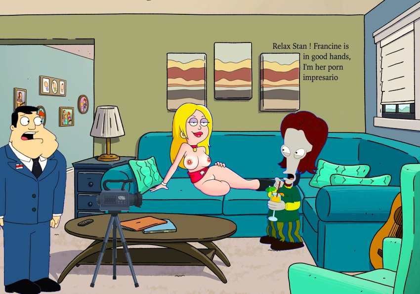 american_dad botas pechos pezones_erectos francine_smith lápiz_labial rojo roger_(american_dad) coño_afeitado stan_smith muslos