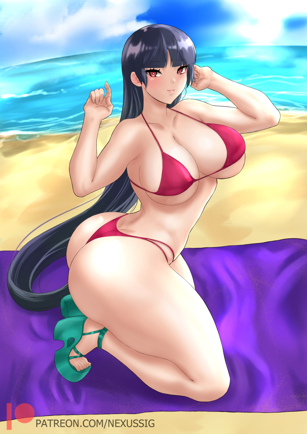 1 chica seductora playa pechos grandes bikini cabello_negro cielo_azul escote juego_freak tacones altos piernas ojos_magenta natsume_(pokemon) nexus-sig nintendo océano pokemon_(anime) pokemon_frlg pokemon_gsc pokemon_hgss pokemon_rgby posando sabrina sabrina_(pokemon) debajo de las tetas