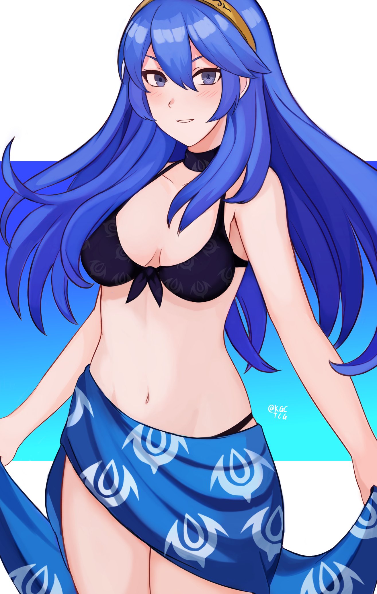 1niña seductora traje_alterno bikini_negro traje de baño_negro ropa vestida emblema_de_fuego despertar_emblema_de_fuego kgctcg cabello_azul_largo mirando_al_espectador lucina lucina_(emblema_de_fuego) nintendo pareo pareo pechos_pequeños traje de baño pupilas_en forma de símbolo