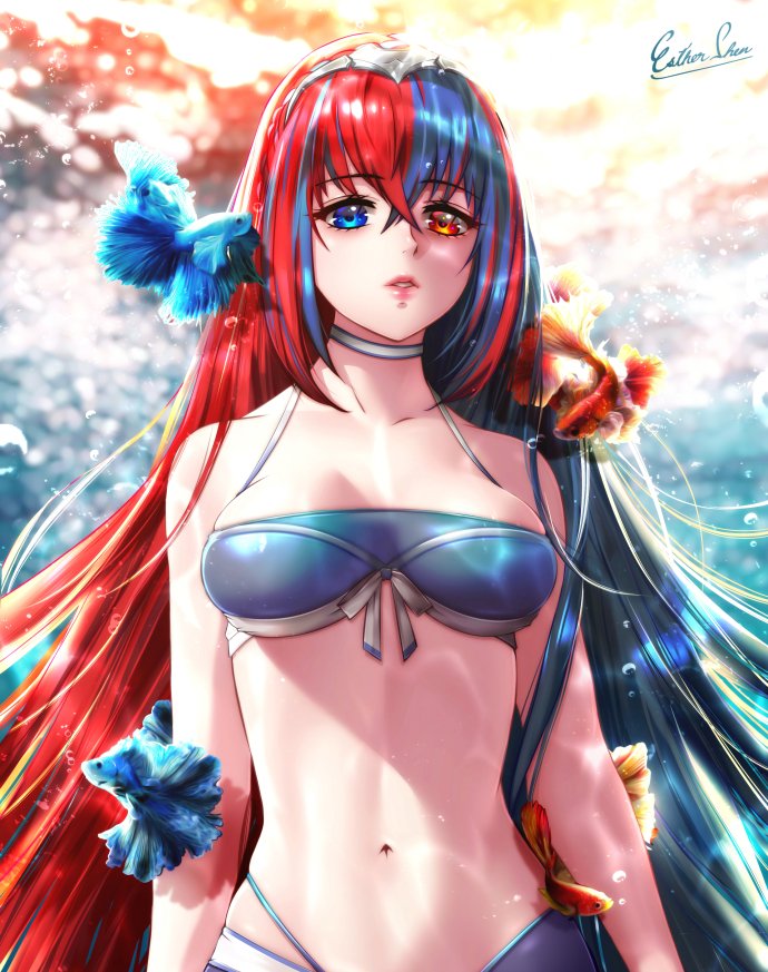 1 niña 1 niña alear_(femenino)_(emblema_de_fuego) alear_(emblema_de_fuego) seductor traje_alterno bikini bikini_azul ojos_azules cabello_azul trenza flequillo_cruzado corona_trenza esther_shen emblema_de_fuego emblema_de_fuego heterocromía pechos_medios cabello_multicolor nintendo ojos_rojos cabello_rojo cabello_dividido traje de baño tiara cabello_de_dos tonos