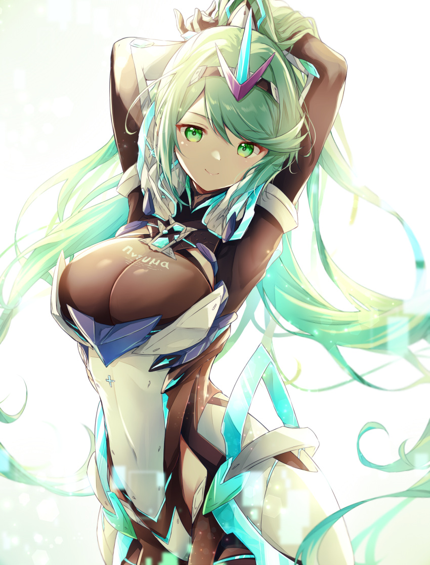 1girl 1girl brazos_detrás_de_la_cabeza grandes pechos_grandes mono_negro mono boca_cerrada comentario ombligo_cubierto ojos_verdes pelo_verde tocado alta_resolución pelo largo mirando_al_visor nintendo pneuma_(xenoblade) cola de caballo fondo_simple sonrisa barrido_flequillo ui_frara pelo_muy_largo fondo_blanco xenoblade_(serie) xenoblade_chronicles_2