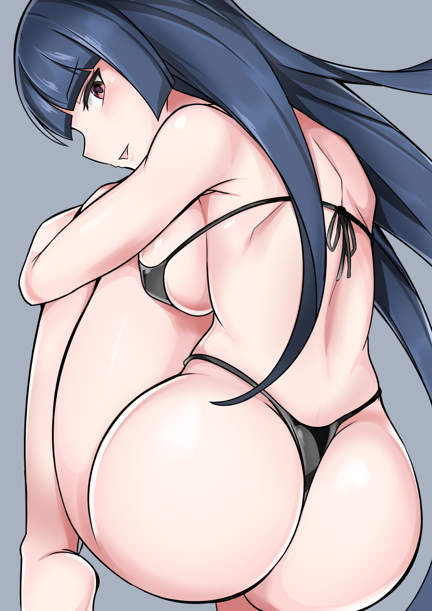 1girl 1girl culo seductor hombros_descalzos pechos_grandes descalzos bikini bikini_negro cabello_azul rubor ceatures_(compañía) desde_detrás game_freak fondo_gris cabello_largo de alta resolución mirando_al_visor mirando_hacia atrás natsume_(pokemon) nintendo pokemon con la boca abierta pokemon_frlg ojos_rojos sabrina sabrina_(pokemon) piel_brillante sonrisa lateral sumida_kichi traje de baño t hong tanga_bikini pelo_muy_largo caderas_anchas