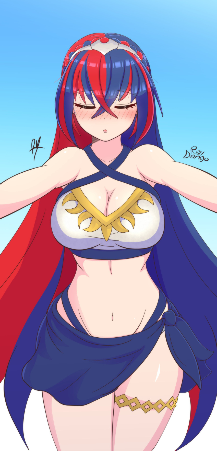 1girl alear_(female)_(fire_emblem) alear_(fire_emlem) seductor traje_alterno pechos_grandes bikini escote ojos_cerrados solo_mujer emblema_de_fuego emblema_de_fuego nintendo pareo raydango traje de baño de pelo_rojo_y_azul