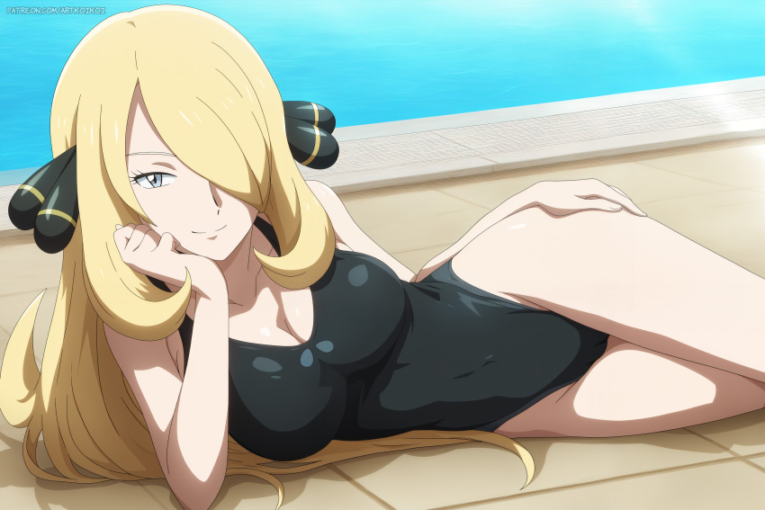 1chica seductor piernas_desnudas pechos_grandes cabello_rubio escote cynthia cynthia_(pokemon) koikoi_(artista) cabello_largo nintendo bikini_de_una pieza pokemon pokemon_(anime) pokemon_dppt junto a la piscina reclinado ojos_plateados piscina