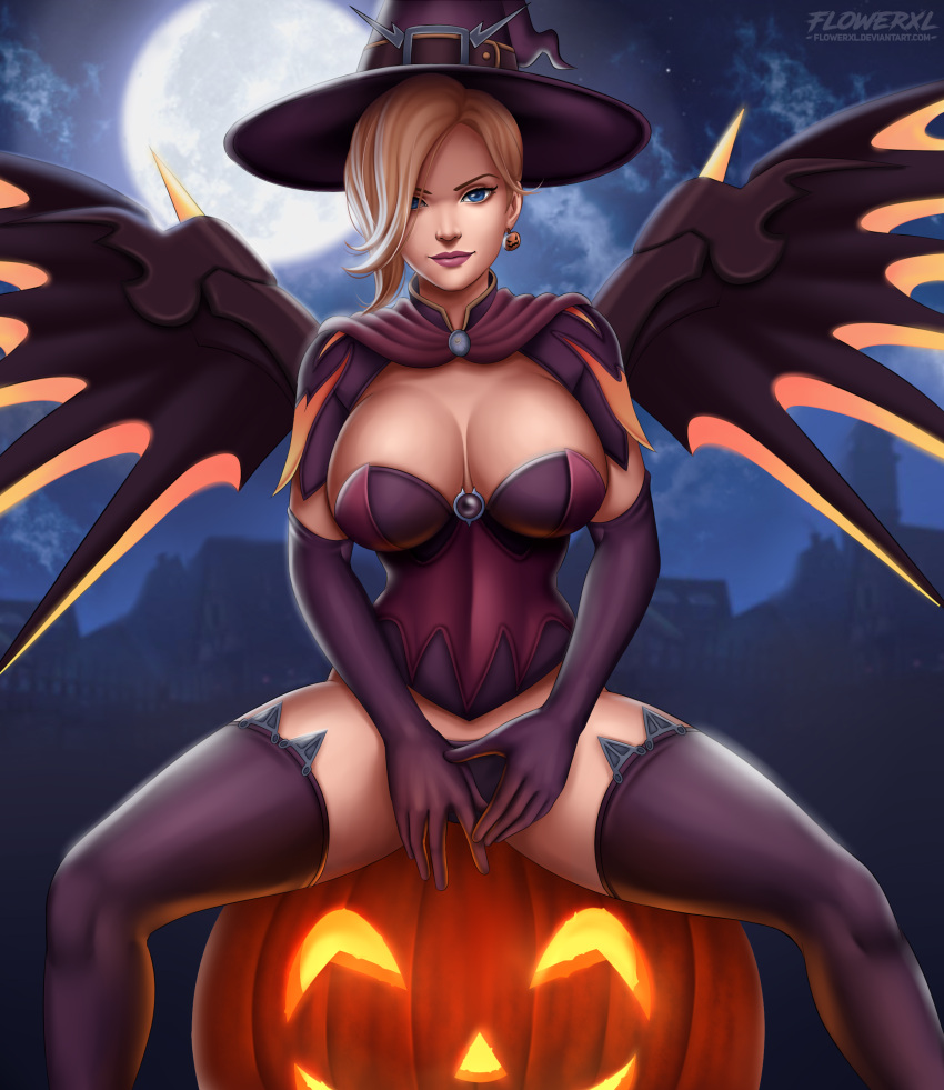 1chica resolución_absurda disfraz_alterno pechos_grandes cabello_rubio ojos_azules senos fondo_de_ciudad escote solo_femenino solo_femoral florxl sombrero de halloween alta_resolución jack-o'-lantern misericordia_(overwatch) luz de luna noche supervisión bragas labios_púrpuras piernas_abiertas medias ropa interior personaje_video_juego alas_a través_de_la ropa bruja sombrero_de_bruja misericordia_de_bruja