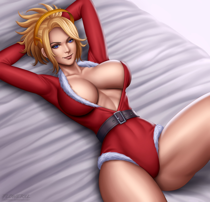 1girl absurd_res cama cinturón big_breasts blizzard_entertainment cabello_rubio ojos_azules pechos navidad escote vestido enfoque_femenino solo mujer florxl manos_detrás alta_res mirando_al_espectador acostado acostado_en_la_cama misericordia_(overwatch) on_back overwatch cola de caballo traje_de_santa vestido_de_santa sideboob sonrisa medias tonificado personaje_de_video_juego