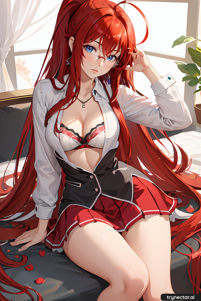 1niña pechos grandes ojos_azules high_school_dxd pelo_largo pelo_rojo rias_gremory sentada falda