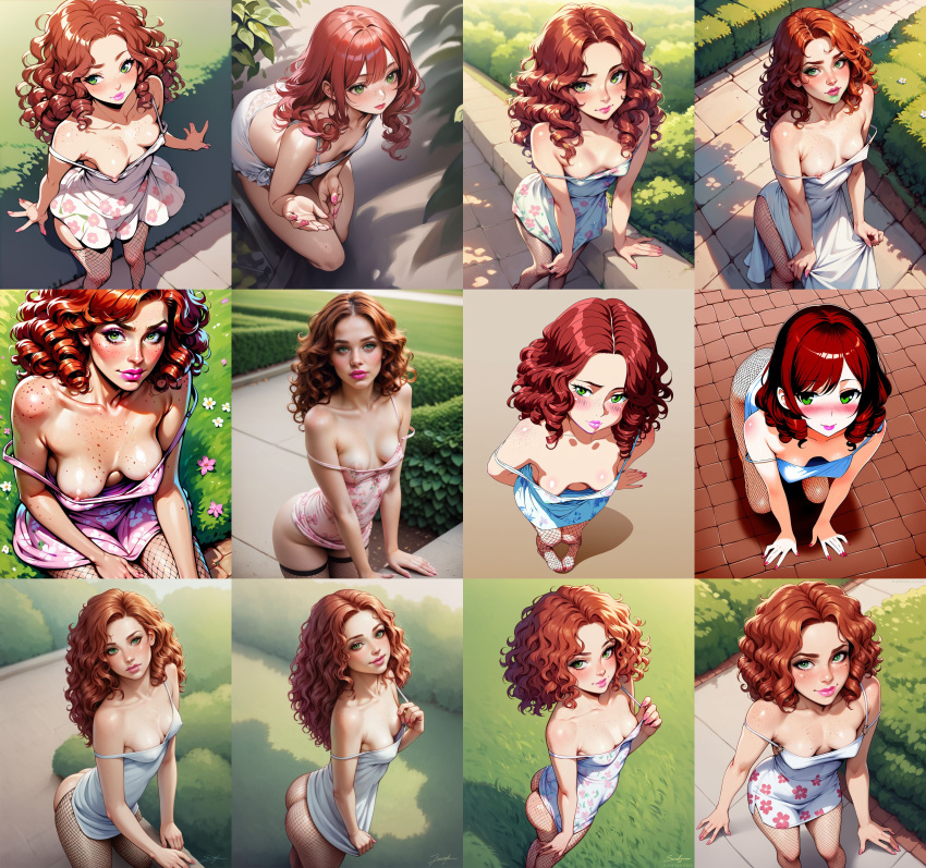 ai_generated rubor rubor senos_sin_ropa senos_fuera del jardín cabello_largo mirando_al_visor cabello_medio minifalda pezón_deslizamiento pezones pezones_rosas cabello_rojo pelirroja en topless