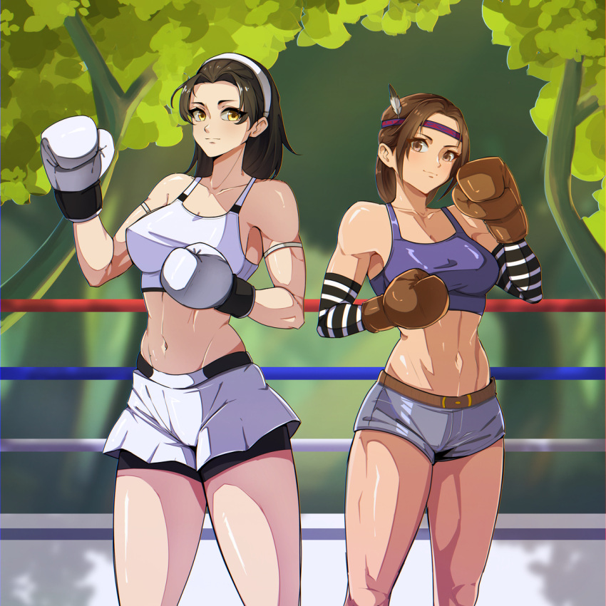 2_chicas seductoras pechos grandes cabello_negro guantes de boxeo ring de boxeo ojos_marrones cabello_marrón escote fembox_collect bosque kazama_jun michelle_chang milf milfs namco afuera pantalones cortos sports_bra tekken tekken_1 tekken_2 tekken_8 tekken_tag_tournament tekken_tag_tournament_2