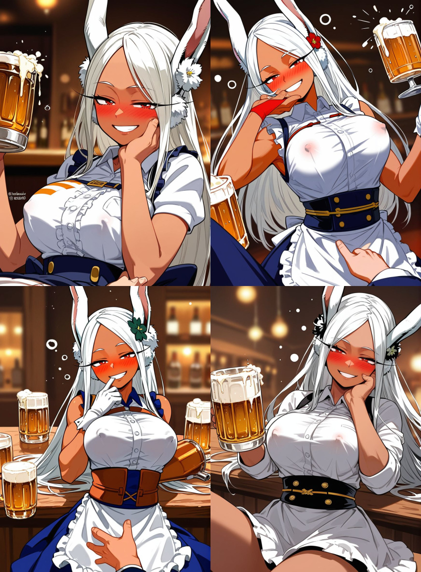 ai_generated cerveza rubor rubor boku_no_hero_academia senos_fuera_de_ropa senos_afuera orejas_de_conejita conejita flor_en_la cabeza orejas_largas cabello_largo mirando_al_espectador mirko pezones pezones_visibles_a través_de_la_ropa pov ojos_rojos camarera uniforme_camarera cabello_blanco