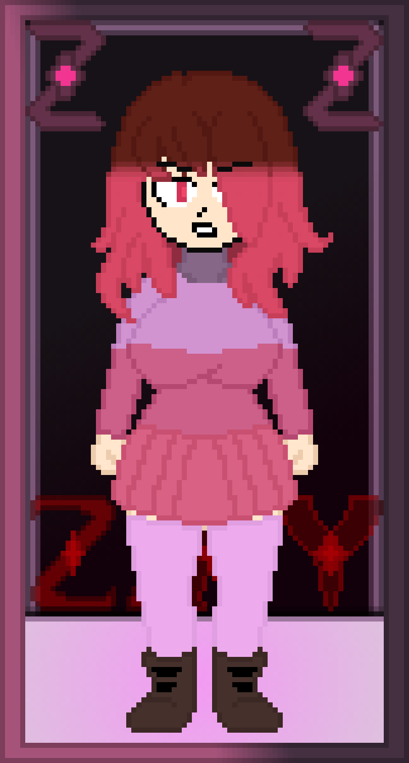 bete_noire betty_noire pechos grandes botas pechos cabello_marrón glitchtale calcetines largos falda_rosa camisa_morada ojos_rojos pelo_rojo falda_roja falda
