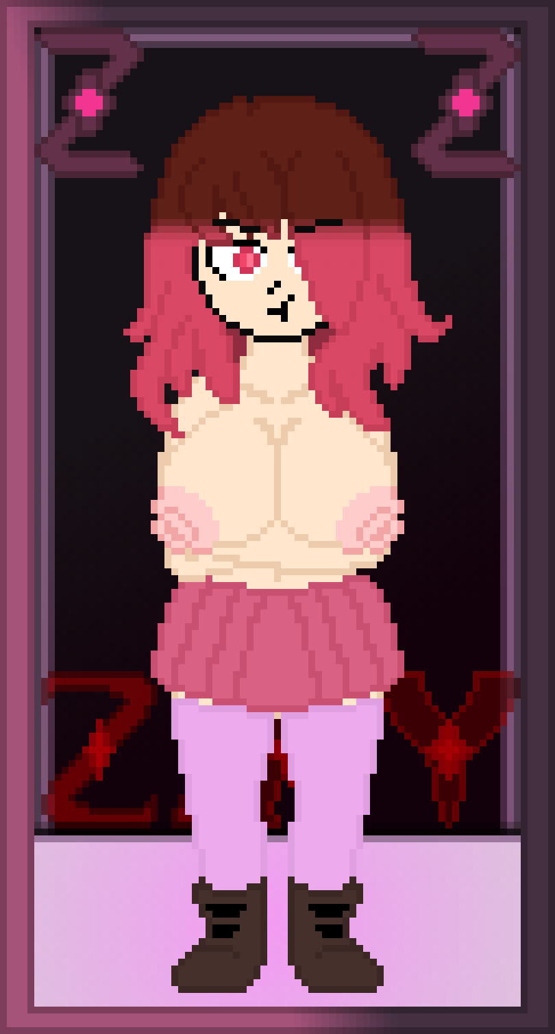 1girl versión_alternativa_disponible bete_noire betty_noire pechos_grandes botas pechos cabello_marrón solo_mujer glitchtale calcetines_largos pezones pixel_(obra de arte) pixel_art ojos_rojos cabello_rojo falda_roja falda topless topless_female undertale_au zixy_(artista)