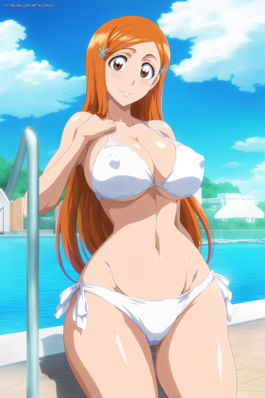 1 chica seductor pechos grandes bikini lejía cabello_marrón escote inoue_orihime koikoi_(artista) milf cabello_naranja pin_up piscina_bikini blanco