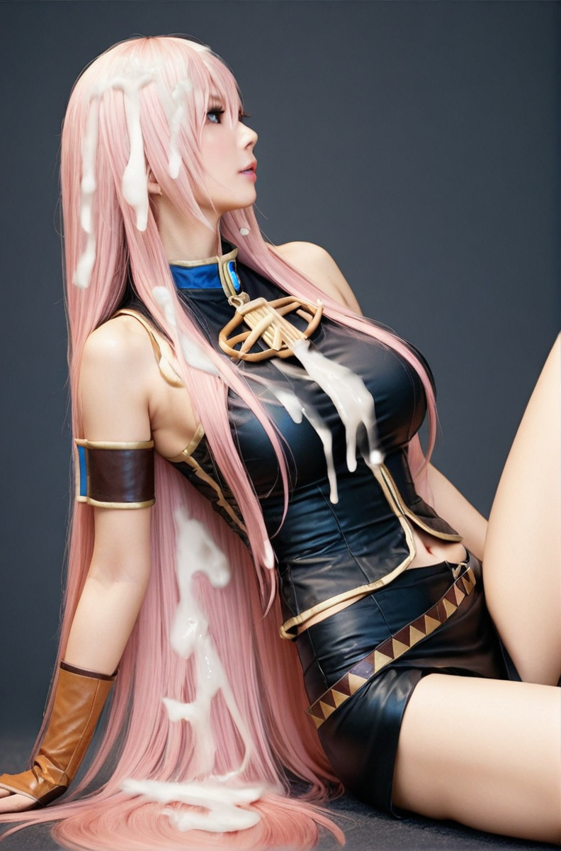 1girl 1girl ai_generated brazalete cinturón pechos grandes bukkake cum cum_on_breasts cum_on_hair megurine_luka ombligo cabello_rosa realista muslos sentados pelo_muy_largo vocaloid