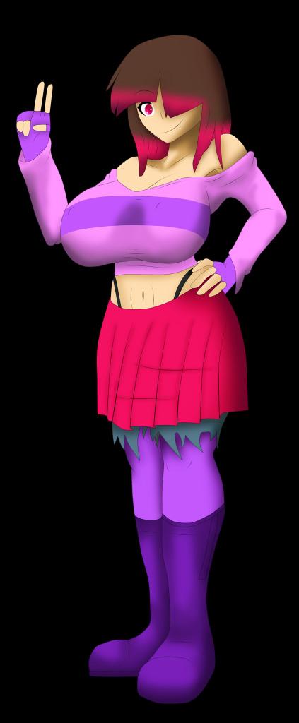 1girl bete_noire betty_noire pechos grandes fondo_negro botas pechos cabello_marrón solo mujer glitchtale mano_en_la_cadera mano_en_la_propia_cadera calcetines_largos camisa_rosa botas_moradas camisa_morada calcetines_morados pelo_rojo undertale_au v