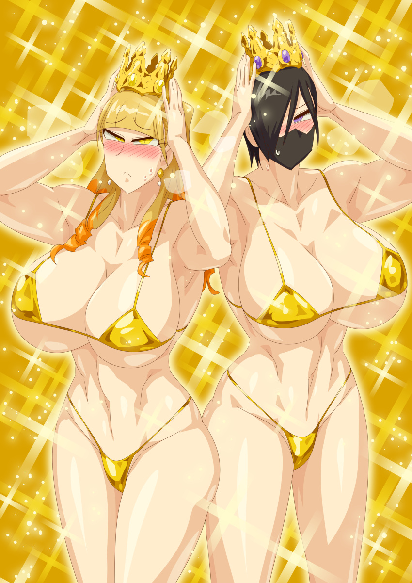 2_chicas seductora mujer_atlética pechos grandes bikini cabello_negro cabello_rubio capa corona coronas máscara_cara mujer_abdominales mujer en forma kanisuka_rita máscara múltiples_niñas ohsama_sentai_king-ohger otokamu pin_up ran_himeno super_sentai traje de baño ojos_amarillos