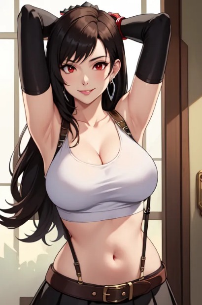 ai_generated big_breasts black_hair brown_hair aretes final_fantasy final_fantasy_vii manos_detrás_de la cabeza piel_clara cabello_largo mirando_al_visor ojos_rojos sonrisa cara_sonriente camiseta sin mangas tifa_lockhart