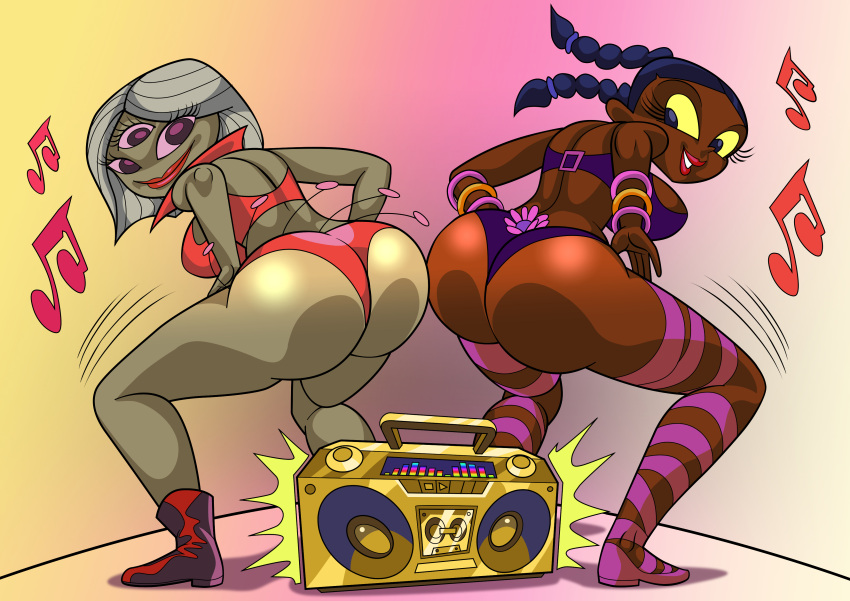 2d_(artwork) 2girls adult_swim alien_girl art-2u culo culo a culo sacudida de culo pelo_negro boombox botín_shorts piel_marrón toque_de_culo dibujos animados_network aplaudiendo_culo aplaudiendo_mejillas cuerpo_con curvas bailarinas_con_curvas dat_ass bailarina_exótica mujer solo mujeres mujeres gogo_dancer gold_boombox_(narc_(samurai_jack) bragas prevence rave_girl_(samurai_jack) samurai_jack sacudiendo_el culo culo tembloroso sonrisa en cuclillas culo grueso muslos gruesos camarera de tres ojos twerking colas gemelas ropa interior