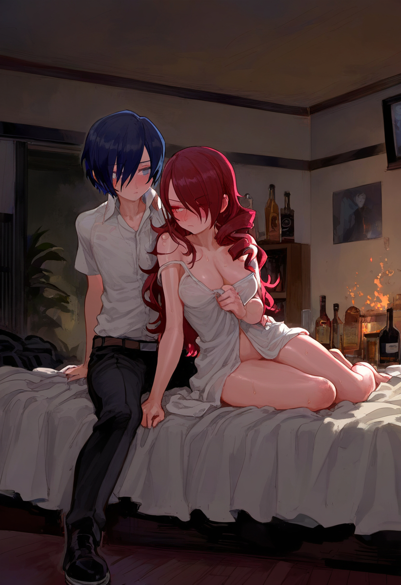 1 chico 1 chica pelo_azul pechos escote pareja minato_arisato mitsuru_kirijo persona_3 pelo_rojo