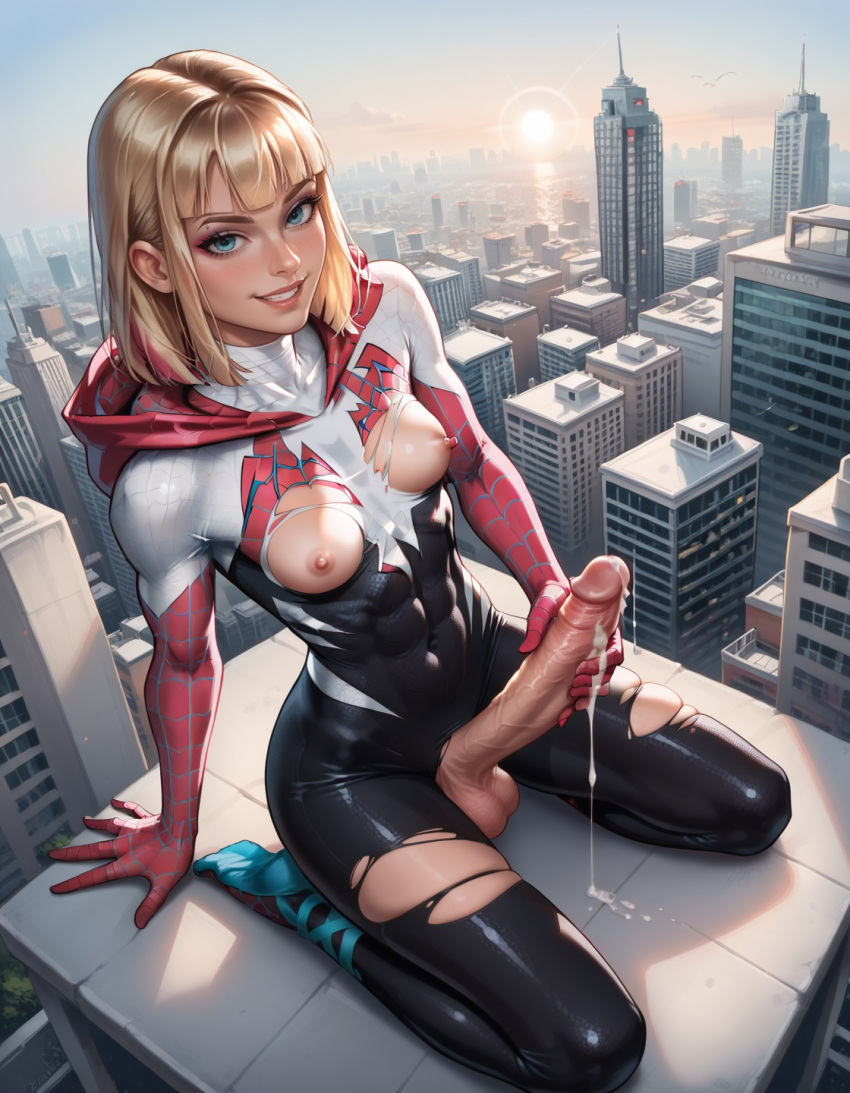 1FUTA AI_GENERADO _Hair small_breasts smile Solo_futa Spider-Gwen Torn_clothes