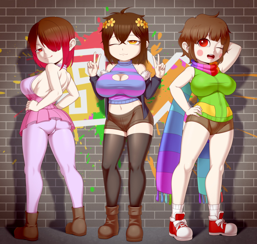 3_chicas versión_alternativa_disponible bete_noire betty_noire camisa_azul botas pechos cabello_marrón chara chara_au doble_v hembra_chara hembra_frisk solo hembra frisk frisk_au glitchtale camisa_verde calcetín_largo un_ojo_cerrado camisa_rosa camisa_púrpura falda_púrpura rainven ojos_rojos cabello_rojo bufanda zapatos pantalones cortos falda zapatillas de deporte calcetines bufanda_a rayas trío undertale_au v ojos_amarillos