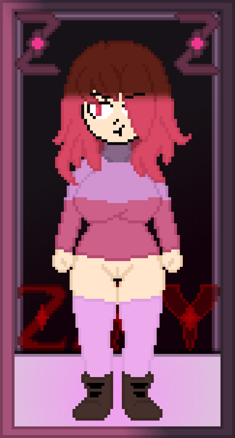 bete_noire betty_noire pechos_grandes botas pechos pechos pelo_marrón glitchtale calcetines_largos camisa_rosa camisa_morada ojos_rojos pelo_rojo