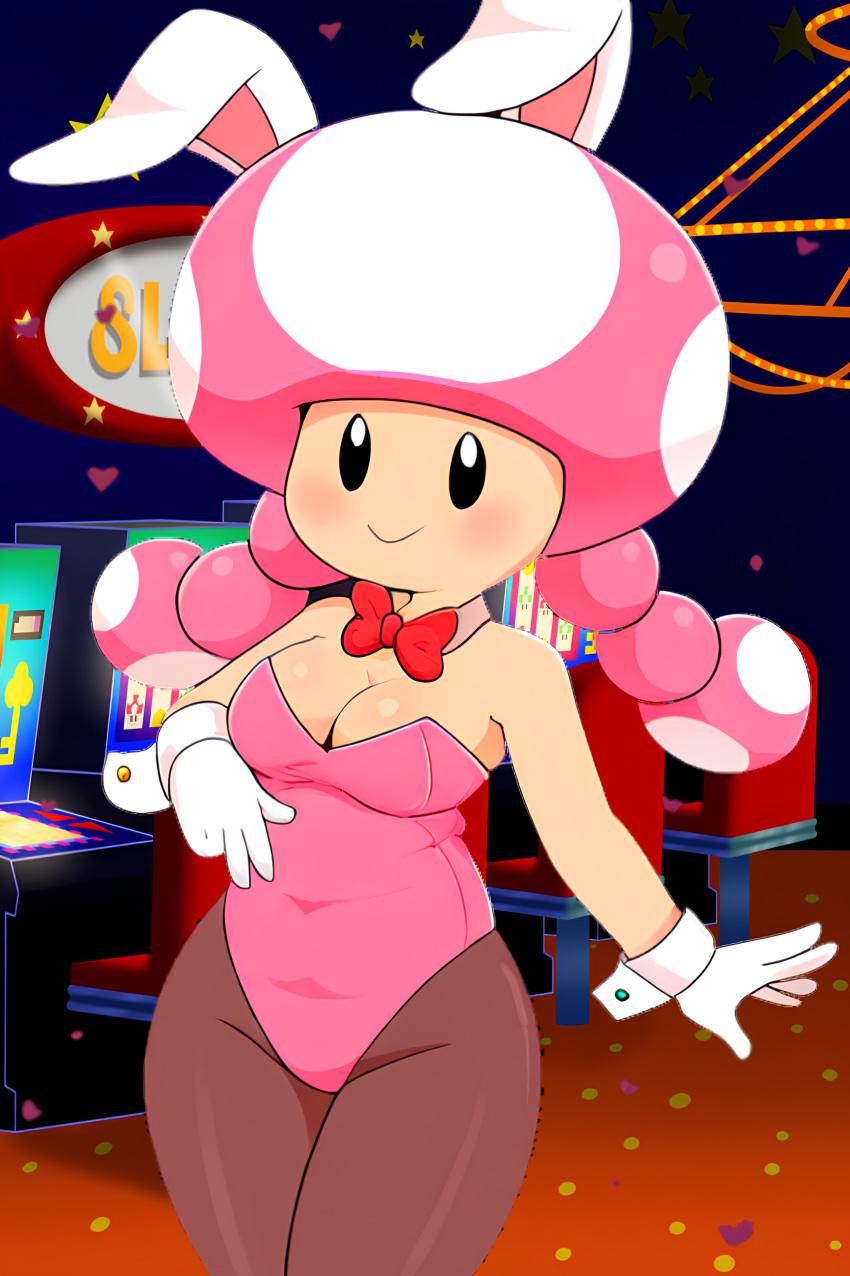 envejecido_ai_generado ojos_negros senos orejas_de_conejito traje de conejito casino enfoque_mujer guantes mirando_al_visor mario_(serie) chica_hongo humanoide_hongo nintendo cabello_rosa conejita_playboy cinta toadette trenzas_gemelas mujer_más joven