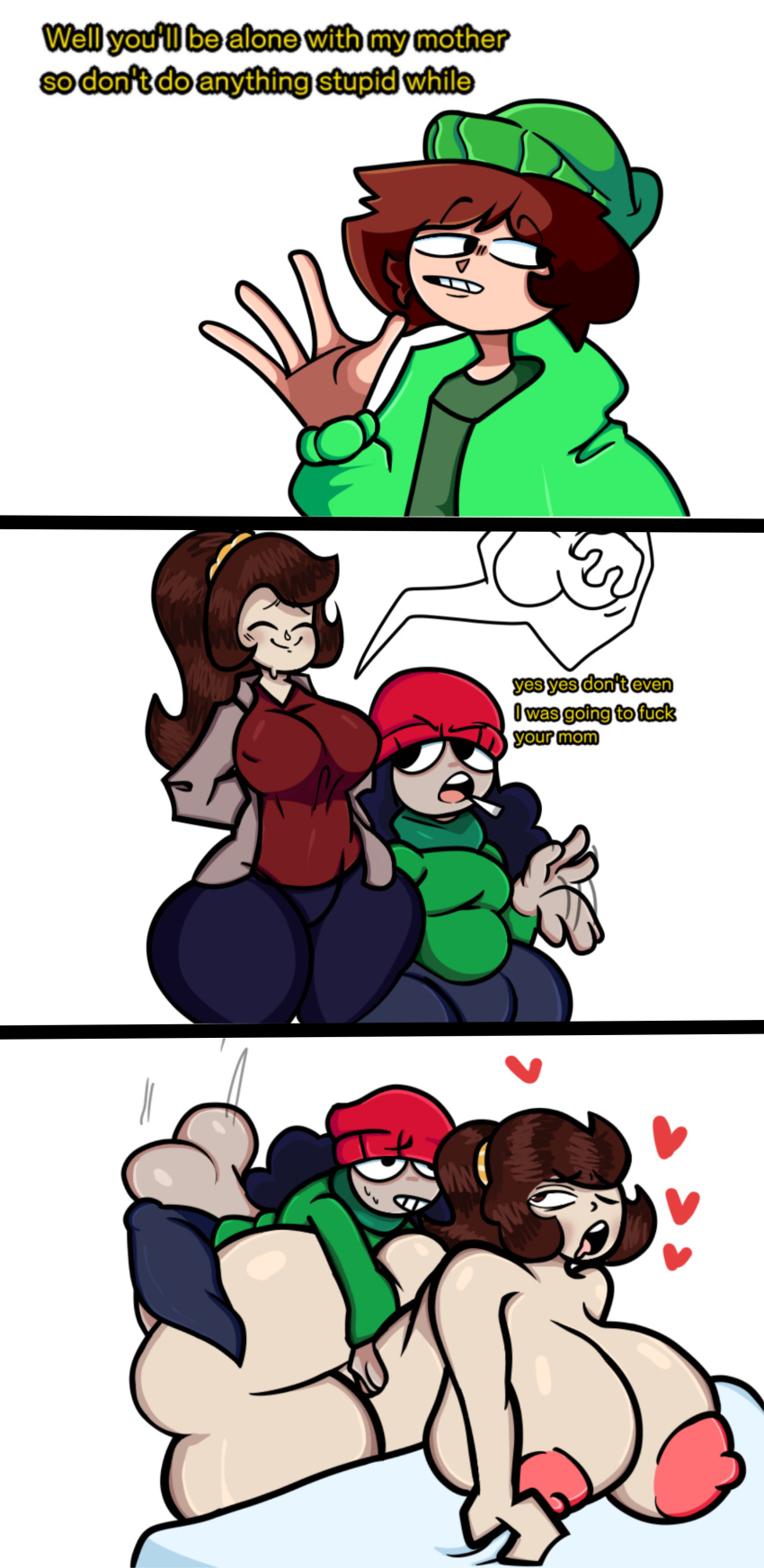 <3 1boy 1futa 1girl 2girls dormitorio bianca_(erick's_mom) big_ass big_balls big_breasts big_pezones pechos cabello_marrón cabello_azul_oscuro pantalones_azul_oscuro ropa_verde_oscuro texto_inglés erick_(oc) erickverse culo_gordo futanari futanari_on_mujer agarrando_culo ropa_verde sombrero_verde gimiendo_de_placer desnuda_fe masculino pegaka_(oc) sombrero_rojo camisa_roja sexo tímido sonrisa_tímida fumar fumar texto grueso muslos gruesos muslos tocándose el culo fondo_blanco