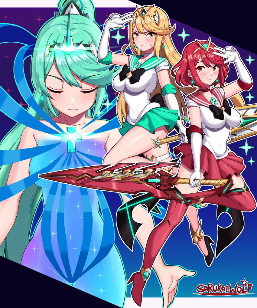 1 niña 3_chicas seductoras traje_alterno bishoujo_senshi_sailor_moon cosplay solo mujer pelo_largo mytra nintendo pneuma_(xenoblade) pyra marinero_luna marinero_luna_(cosplay) sarukaiwolf pelo_corto xenoblade_(serie) xenoblade_chronicles_2