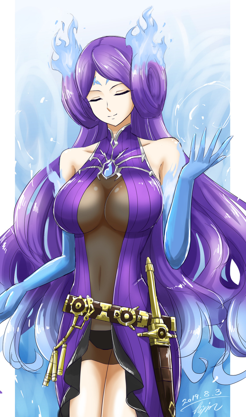 1chica seductor pechos grandes fondo_azul fuego_azul guantes_azules brighid brighid_(xenoblade) ojos_cerrados boca_cerrada ombligo_cubierto daga vestido anticuado guantes_de_codo frente_espectador guantes de fuego alta_resolución cuchillo hisin pelo largo nintendo vestido_morado pelo_morado vaina firma enfundada sonrisa fondo de dos tonos pelo_muy_largo arma fondo_blanco xenoblade_(serie) xenoblade_chronicles_2